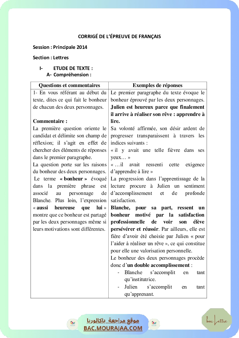 Corrigé principale francais Bac 2014 – Section lettre